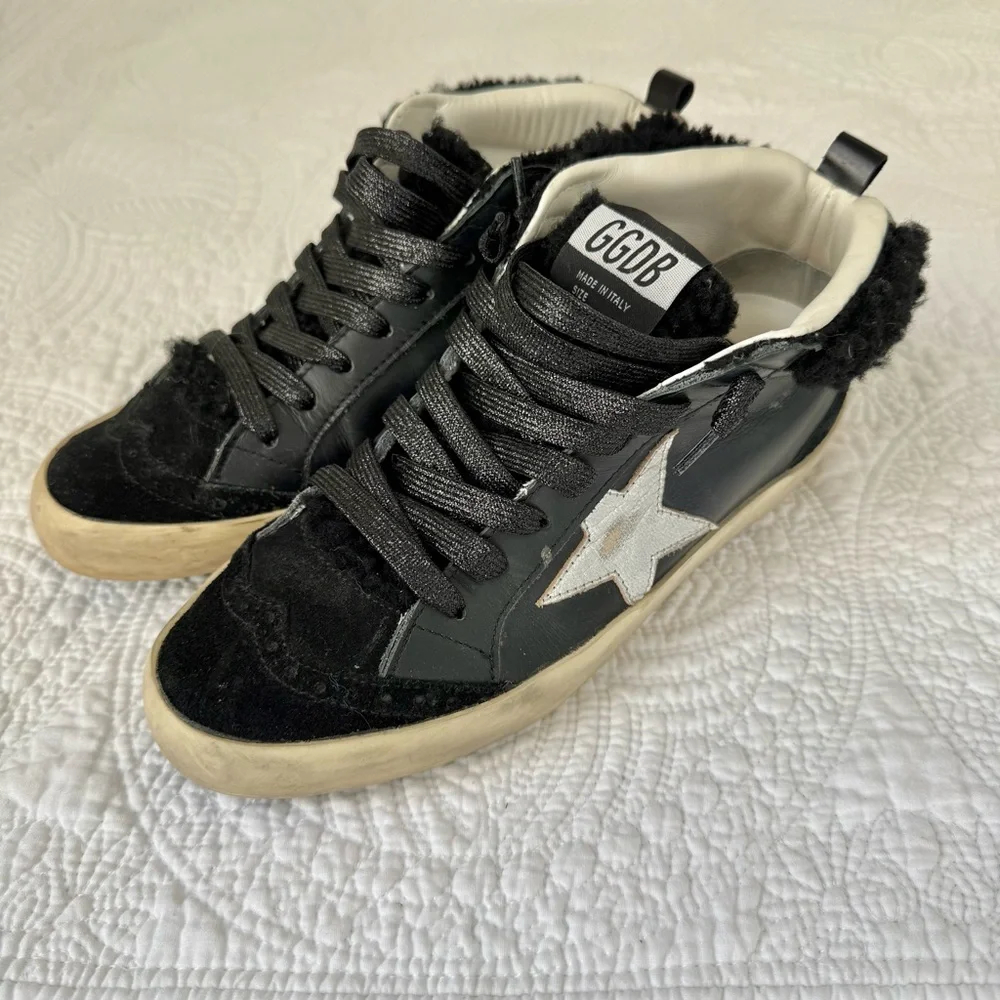Golden Goose Mid Star Black Suede Shearling Sneakers Women’s 7 - Picture 3 of 9
